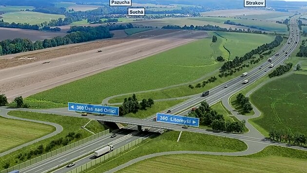 Dálniční sjezdy a nájezdy opatřené závorou budou moci u Litomyšle využívat pouze vozidla střediska správy a údržby dálnice. Vizualizace nadjezdu dálnice D35 se silnicí II/360 mezi Litomyšlí a Ústím nad Orlicí