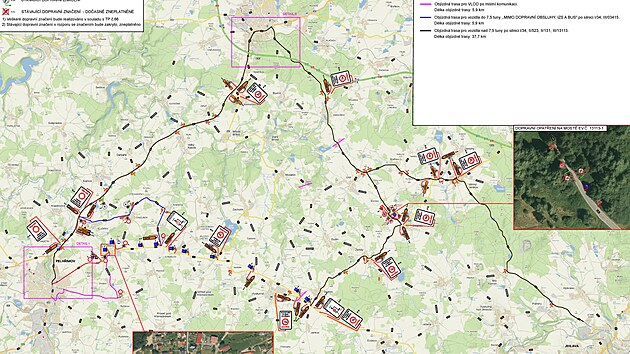 Mapa uzavírky a objízdných tras, jak ji zveřejnil pelhřimovský městský úřad.