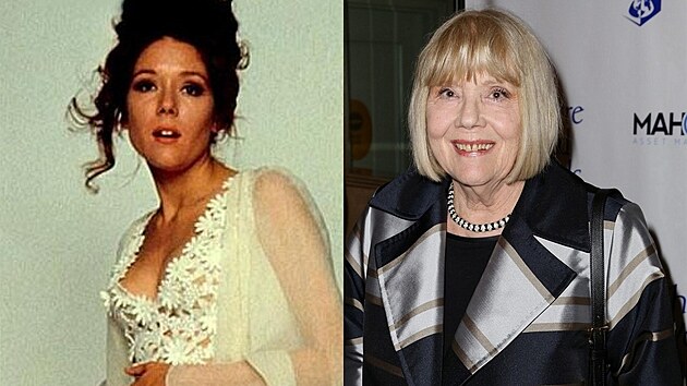 Britská herečka Diana Riggová ve filmu Ve službách Jejího Veličenstva z roku 1969 a v roce 2015