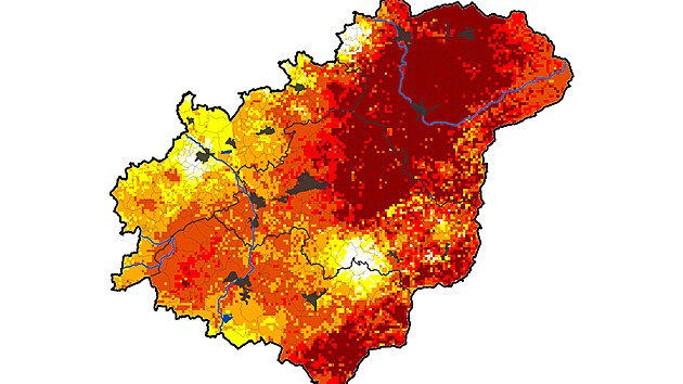 Intenzita půdního sucha ve Zlínském kraji ze 7. května 2025. Čím barevnější oblast, tím je sucho vyšší. Červené oblasti jsou extrémně suché.
