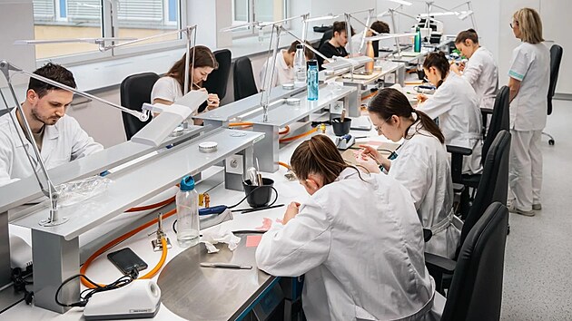 Budouc&iacute; zubaři se pod odborn&yacute;m dohledem a v nov&yacute;ch laboratoř&iacute;ch Fakultn&iacute; nemocnice Ostrava uč&iacute; vyr&aacute;bět a posuzovat kvalitu zubn&iacute;ch n&aacute;hrad. (14. května 2025)