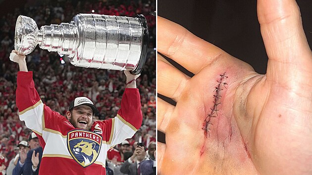 Kapitán Floridy Aleksander Barkov slaví obhajobu Stanley Cupu, těžký pohár... Kapitán Floridy Aleksander Barkov slaví obhajobu Stanley Cupu, těžký pohár...