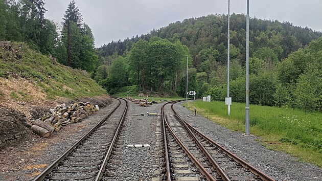Rozdvojení tratí za Hanušovicemi. Koleje vlevo vedou do Dolní Lipky, koleje vpravo do Starého Města pod Sněžníkem.
