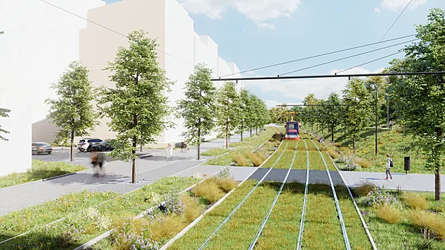 Vizualizace nové tramvajové tratě Olšanská – Habrová, úsek mezi zastávkami Malešická a Nad Kapličkou
