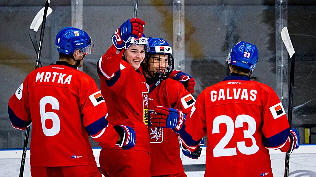 Čeští junioři se radují z jednoho z deseti gólů proti Slovensku.