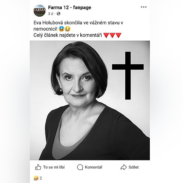 Herečka Eva Holubová se ohradila proti nepravdivé informaci, která o ní...