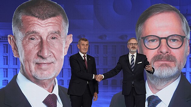 Premiér Petr Fiala a předseda ANO Andrej Babiš pred diskusí na CNN Prima News