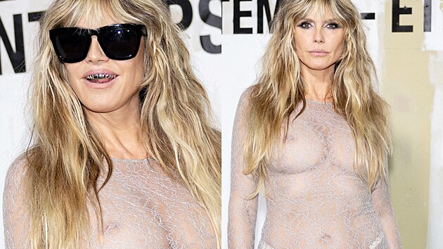 Heidi Klumová jako host přehlídky značky Vetements na pařížském týdnu módy. Modelka zaujala v dlouhých šatech ze síťoviny, které odhalovaly téměř vše. (říjen 2025)