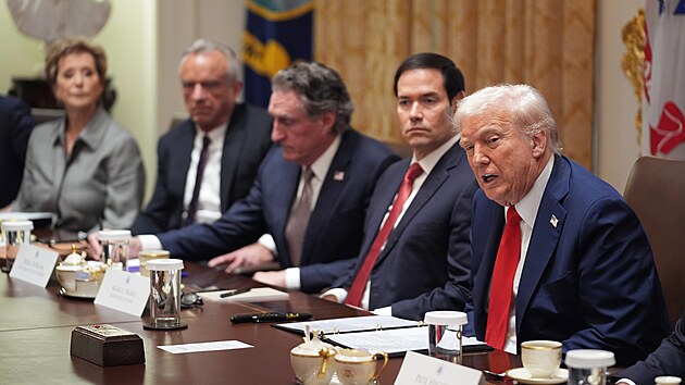 Donald Trump hovoří na zasedání kabineru v Bílém domě. (9. října 2025)