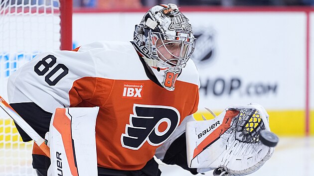 Brankař Dan Vladař se chystá zakročit proti letícímu kotouči.