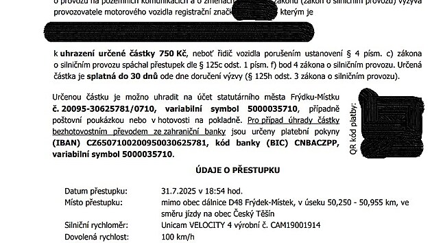 Ukázka pokuty vydané za jízdu po obchvatu Frýdku-Místku v době, kdy bylo odstraněna značka se sníženou rychlostí, ale radar dál evidoval vozidla jedoucí více než 100 km/h.