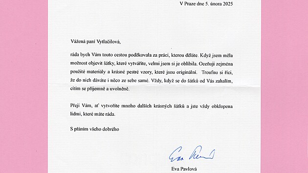 Děkovný dopis od první dámy Evy Pavlové