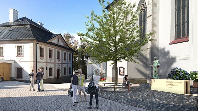 Na prostranství u kostela sv. Prokopa vznikne nová kašna se sochou patrona chrámu. Tu zhotoví akademický sochař Jiří Plieštik. Takto by dle vizualizace mělo prostranství v budoucnu vypadat.