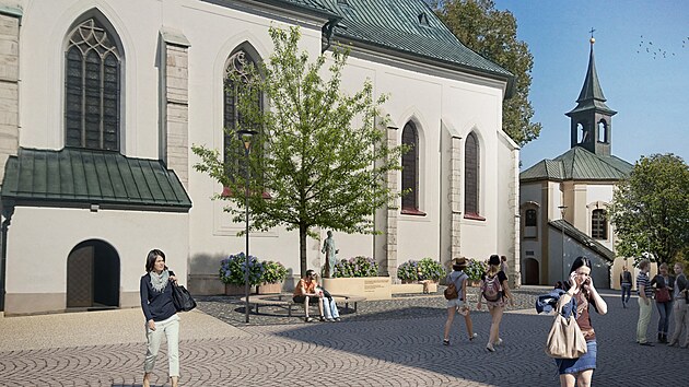 Na prostranství u kostela sv. Prokopa vznikne nová kašna se sochou patrona chrámu. Tu zhotoví akademický sochař Jiří Plieštik. Takto by dle vizualizace mělo prostranství v budoucnu vypadat.