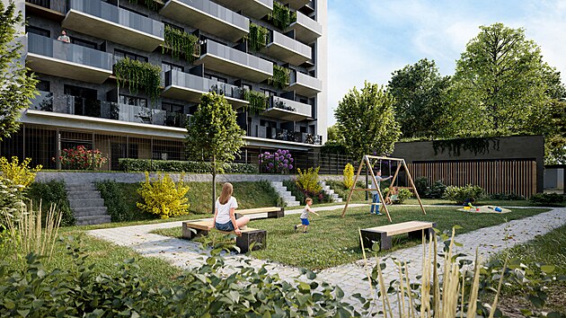 Vnitroblok nabídne dětské hřiště s klidovou zónou.