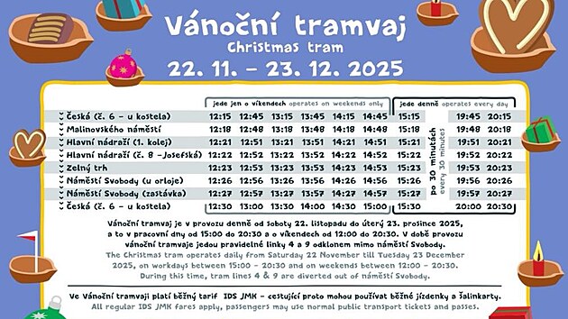 Jízdní řád vánoční tramvaje v Brně v roce 2025