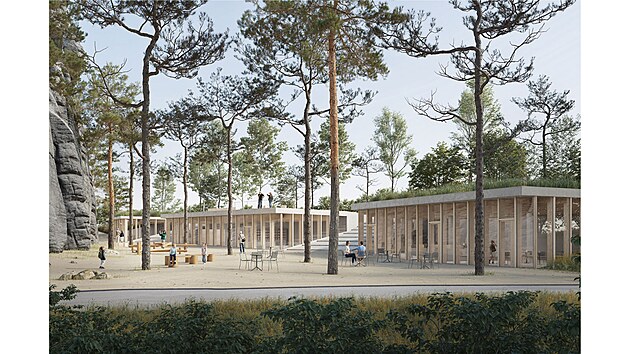 Nástup do skalního města Adršpach. Vítězný návrh na nové řešení areálu před vstupem do Adršpašských skal počítá s budovami vystupujícími z terénu, zelenými střechami i vyhlídkovou piazzettou. Zprava je restaurace, infocentrum a suvenýry.