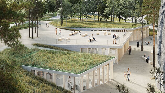 Nástup do skalního města Adršpach, vyhlídková piazzetta na střeše budoucího infocentra