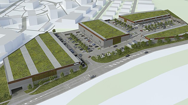 Prachatický retail park má vyrůst v Husinecké ulici. Na obrázku je předběžná vizualizace, která ještě dozná změn. (prosinec 2025)