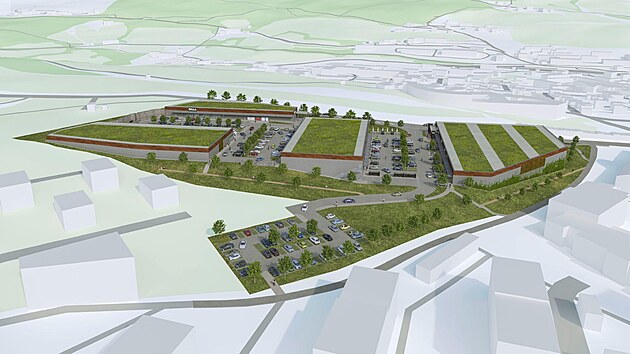 Retail park chce postavit společnost Portin. Na obrázku je předběžná vizualizace, která ještě dozná změn. (prosinec 2025)