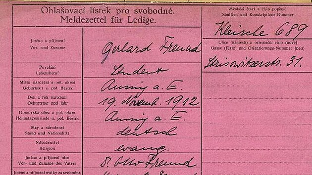 Ohlašovací lístek Gerharda Freunda, dnešní úřední terminologií „přihláška k trvalému pobytu“