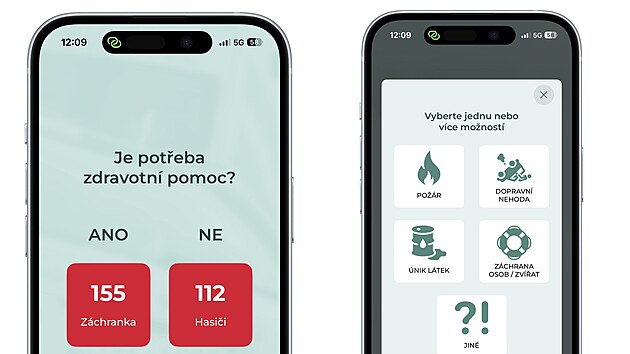 Hasiči a 112. Po stisknutí tlačítka SOS se objeví funkce „nemohu mluvit“. Pod číslem 112 je výběr situací a možnost zahájit chat.