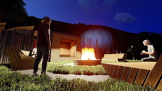 Jeden ze studentských návrhů pracuje například s motivem centrálního ohniště v kruhovém uspořádaní celé relaxační zóny.