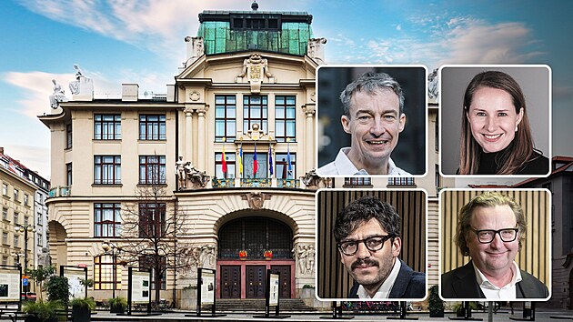 Začal boj o primátora. Ve výřezech zleva nahoře Tomáš Portlík (ODS), Tereza Nislerová (Piráti), Adam Scheinherr (Praha sobě) a Petr Hlaváček (STAN).