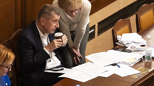 Mimořádná schůze Poslanecké sněmovny. Na snímku Andrej Babiš a Karel Havlíček (ANO). (29. ledna 2026)