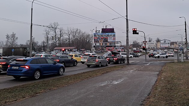 Křižovatka u výstaviště v Budějovicích (23. ledna 2026).