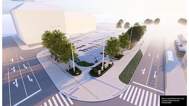 Vizualizace obnovy veřejného prostranství v sadech Pětatřicátníků v Plzni.