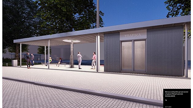 Vizualizace obnovy veřejného prostranství v sadech Pětatřicátníků v Plzni.