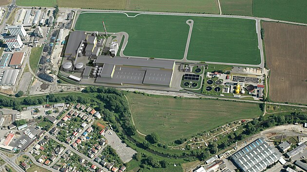 Vizualizace projektu papírny a spalovny firmy Wanemi v průmyslové zóně Zábřeha.