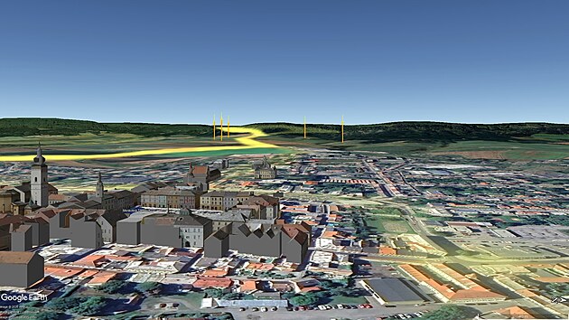 Aeroklub ve Starém Městě u Moravské Třebové si nechal v Google Earth vytvořit vizualizace s plánovanými větrnými elektrárnami. Pohled z Moravské Třebové směrem na Hřebeč.