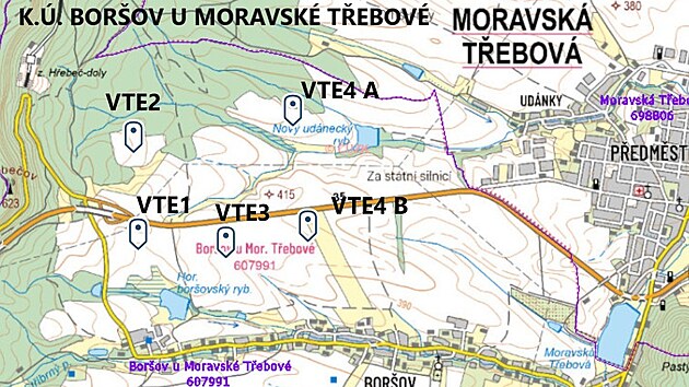 Společnost S&M plánuje na katastru Moravské Třebové postavit čtveřici větrných elektráren. Čtvrtá věž je naplánovaná ve variantním řešení.
