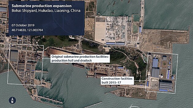 Ukázka zvýšení výroby čínských ponorek, pomocí satelitních snímků továren.