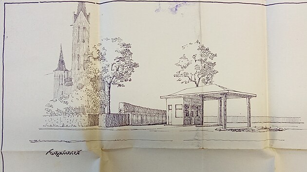 Detail projektu firmy Rhenania – Ossag Mineralölwerke. Čerpací stanice byla pojata mírně velkolepěji než návrh Vacuum Oil Company.