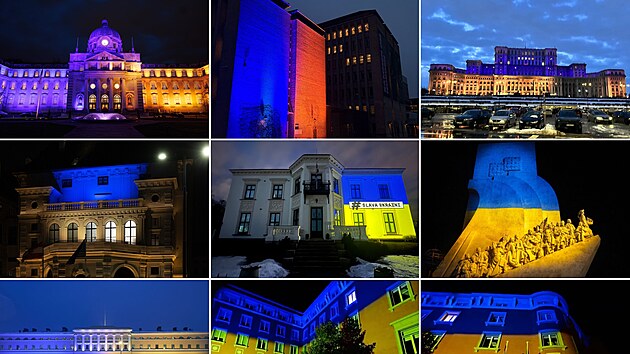 Ukrajinský prezident Volodymyr Zelenskyj zveřejnil fotky budov v Rakousku, Belgii, Kanadě, Dánsku, Finsku, Francii, Německu, Řecku, Irsku, Itálii, Lotyšsku, Litvě, Černé Hoře,Norsku,Polsku, Portugalsku, Rumunsku, Španělsku, Británii a USA, které byly v barvě ukrajinské vlajky na výročí čtyř let od začátku ruské invaze. „Děkujeme za vaši podporu. Světlo zvítězí,“ napsal.