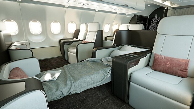 Každý z pasažérů má k dispozici ručně vyráběné sedadlo z jemné italské kůže, které může rozložit a získat tak pohodlnou postel.