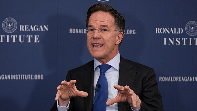 Šéf NATO Mark Rutte hovoří v Institutu Ronalda Reagana ve Washingtonu. (9. dubna 2026)