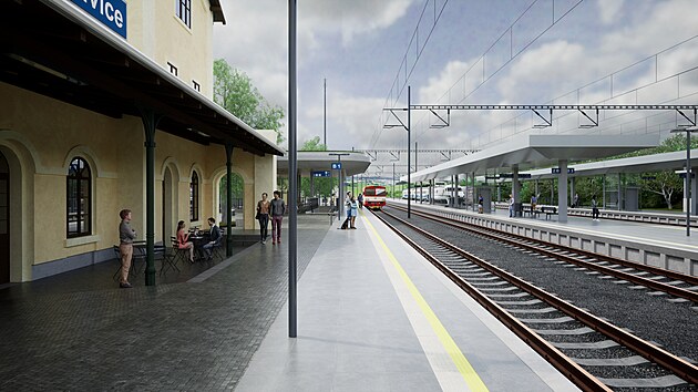 Vizualizace modernizované železniční trati z pražské Ruzyně do Kladna: nástupiště v Hostivicích
