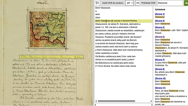 Přep&iacute;&scaron;e i vyhled&aacute;. Na sn&iacute;mku je str&aacute;nka z kroniky Doln&iacute;ch Otaslavic - z&aacute;jemci mohou porovnat origin&aacute;ln&iacute;, ručně psan&yacute; list kroniky s jeho přepisem, nebo si nechat vyhledat, co je zaj&iacute;m&aacute;.