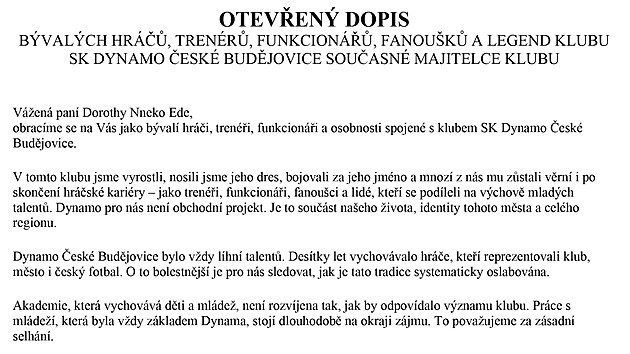 Otevřen&yacute; dopis b&yacute;val&yacute;ch hr&aacute;čů, tren&eacute;rů a dal&scaron;&iacute;ch klubu SK Dynamo Česk&eacute; Budějovice současn&eacute; majitelce klubu pan&iacute; Dorothy Nneko Ede. (17. dubna 2026)