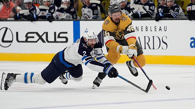 Tomáš Hertl v souboji o puk s Dylanem DeMelem.