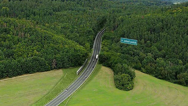 Vizualizace z&aacute;padn&iacute;ho obchvatu Krnova - &uacute;sek, kde bude silnice překlenovat Jelen&iacute; potok.