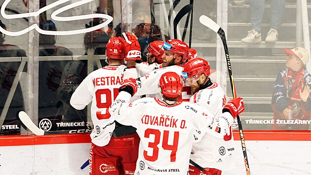 Třinečt&iacute; hokejist&eacute; se raduj&iacute; z vyrovn&aacute;n&iacute; na 4:4.