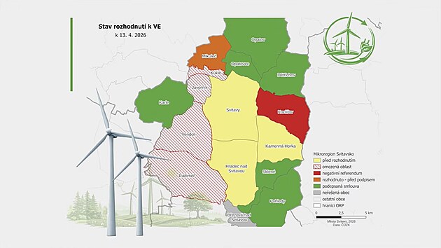 Pozice jednotliv&yacute;ch obc&iacute; k v&yacute;stavbě větrn&yacute;ch elektr&aacute;ren. (13. dubna 2026)