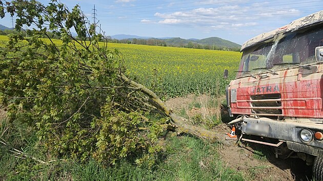 Pod naloženou tatrou se na okraji Z&aacute;břehu utrhla krajnice, vůz pot&eacute; vyjel ze silnice a narazil do stromu.
