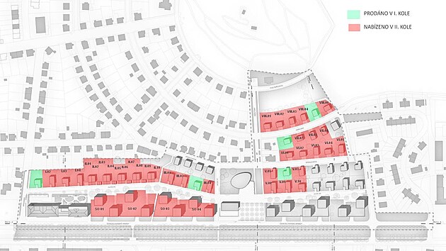 V lokalitě Kas&aacute;rna d&aacute; Jič&iacute;n do dražby v druh&eacute;m kole 34 pozemků (červeně označeno), dražit se bude na přelomu května a června 2026. V prvn&iacute;m kole ob&aacute;lkovou metodou už Jič&iacute;n prodal pět parcel (zeleně označeno).