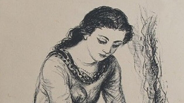 Linka Proch&aacute;zkov&aacute;, Žena s kytic&iacute;, 1937, litografie, pap&iacute;r, 21 &times; 29,5 cm (sb&iacute;rka GMU)